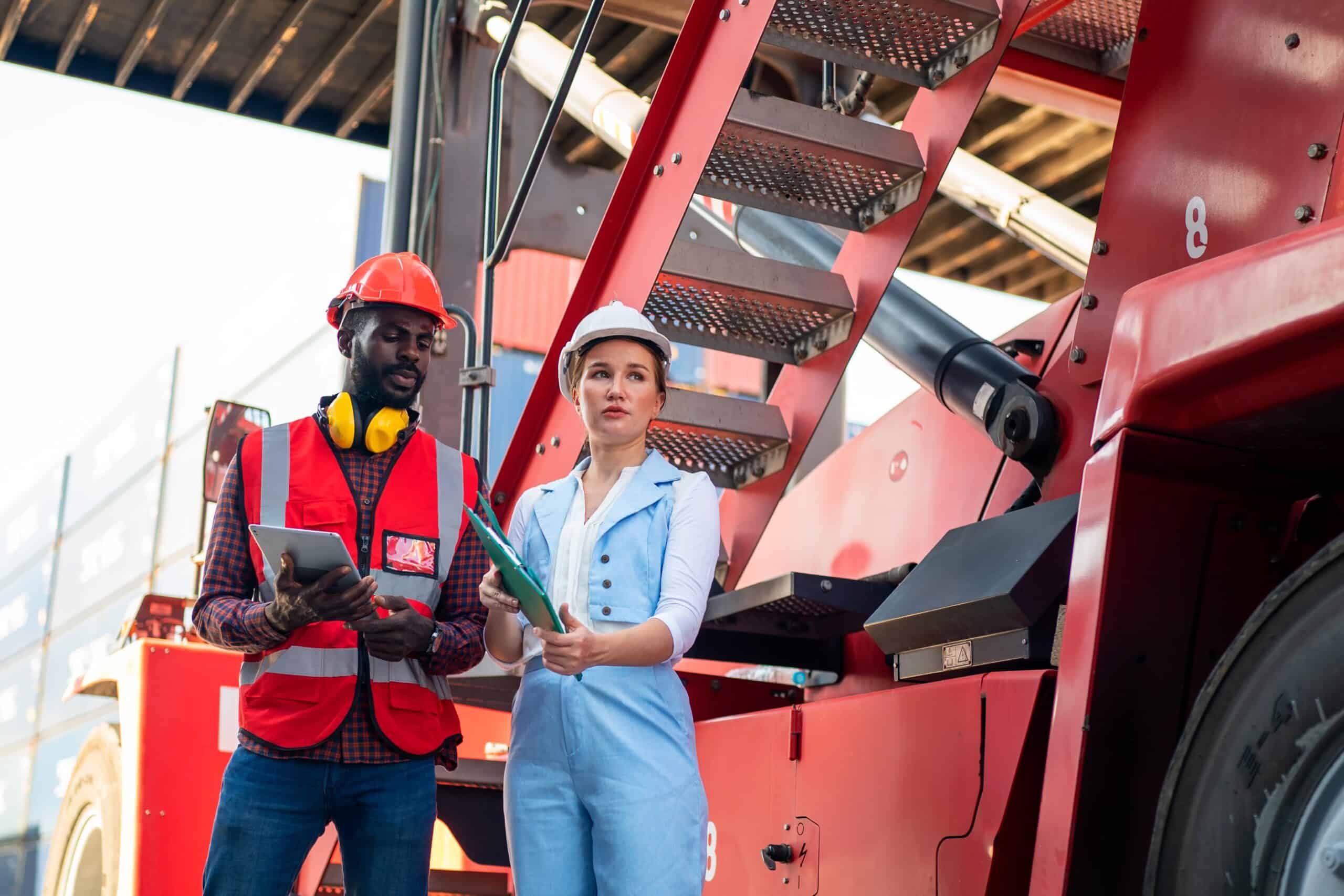 Two professionals examining industrial equipment on construction site.