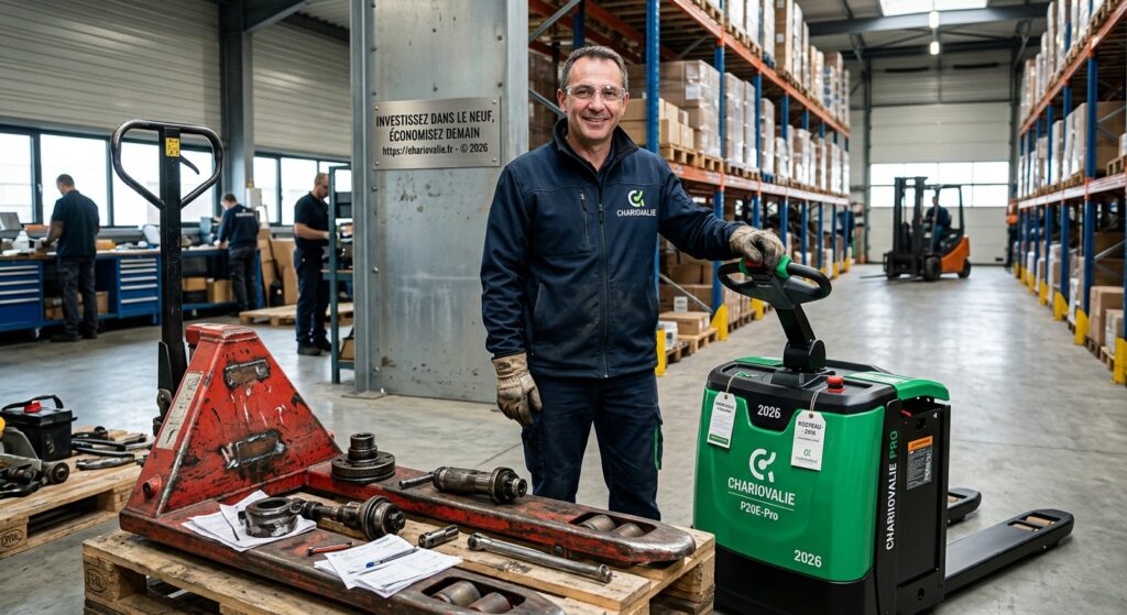 Transpalette professionnel neuf dans un entrepôt logistique