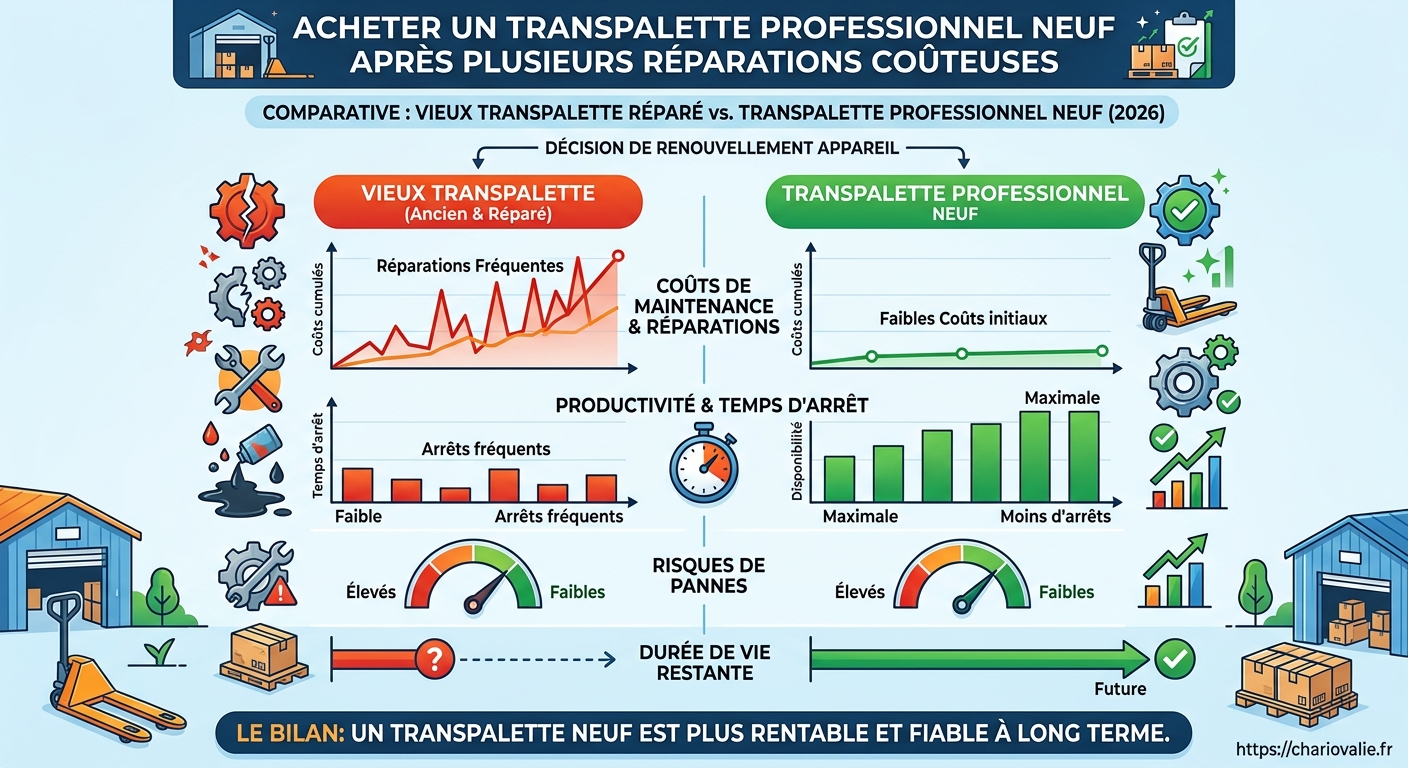 Comparaison coûts cumulés sur 5 ans réparations vs transpalette neuf