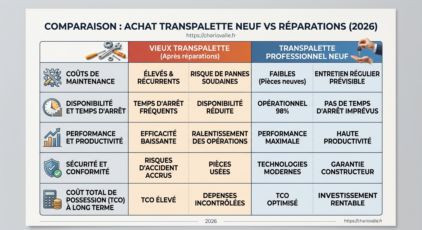Tableau comparatif caractéristiques transpalettes professionnels neufs 2026