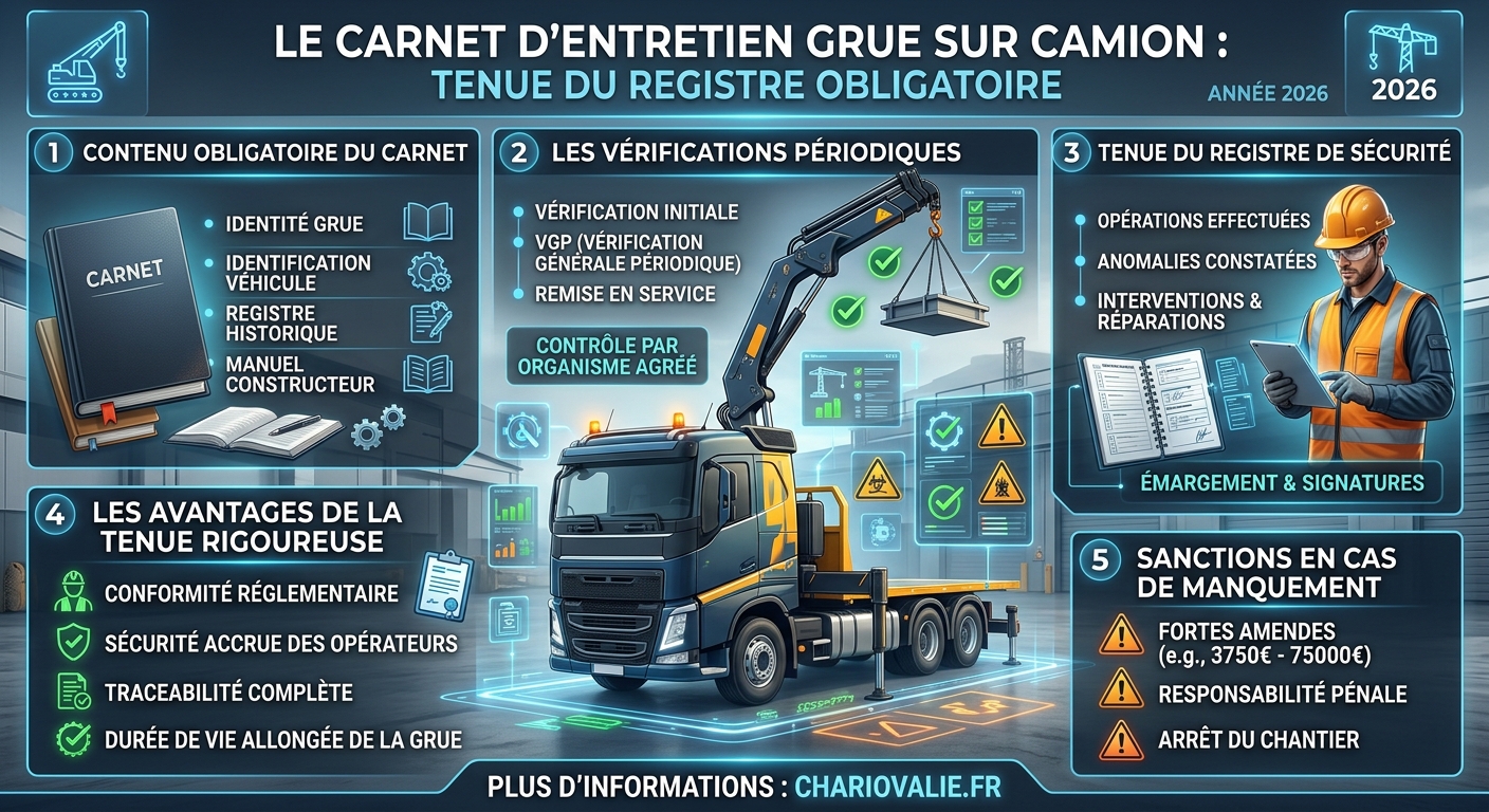 Carnet d'entretien grue camion : registre et contenu légal 3 Infographie des mentions obligatoires et tenue du carnet d'entretien grue camion