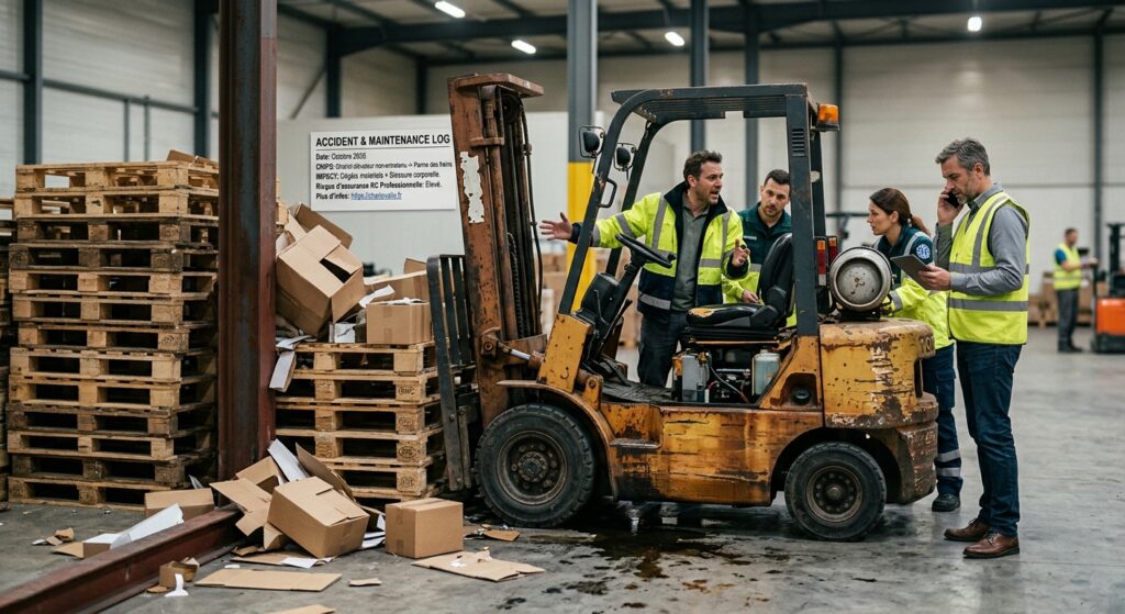 Impact Chariot Mal Entretenu sur l'Assurance RC Pro 2026 8 Chariot élévateur en panne dans un entrepôt logistique