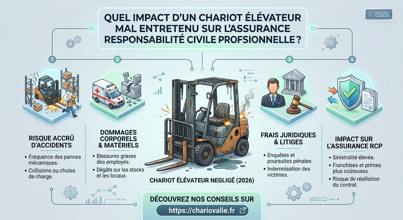 Infographie du lien entre défaut d'entretien chariot élévateur, accident et assurance RC Pro
