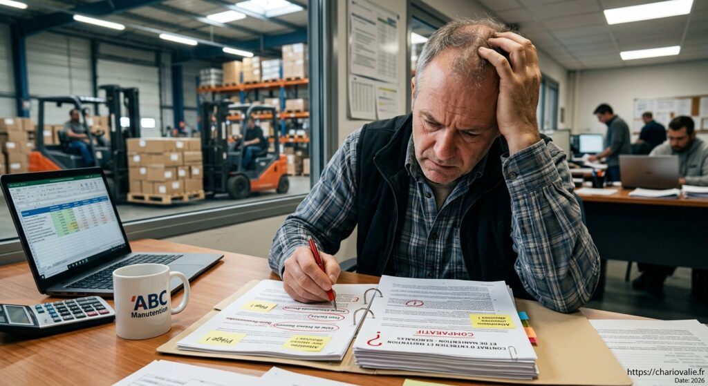 Expert examinant un contrat d'entretien de matériel de manutention pour identifier des clauses abusives