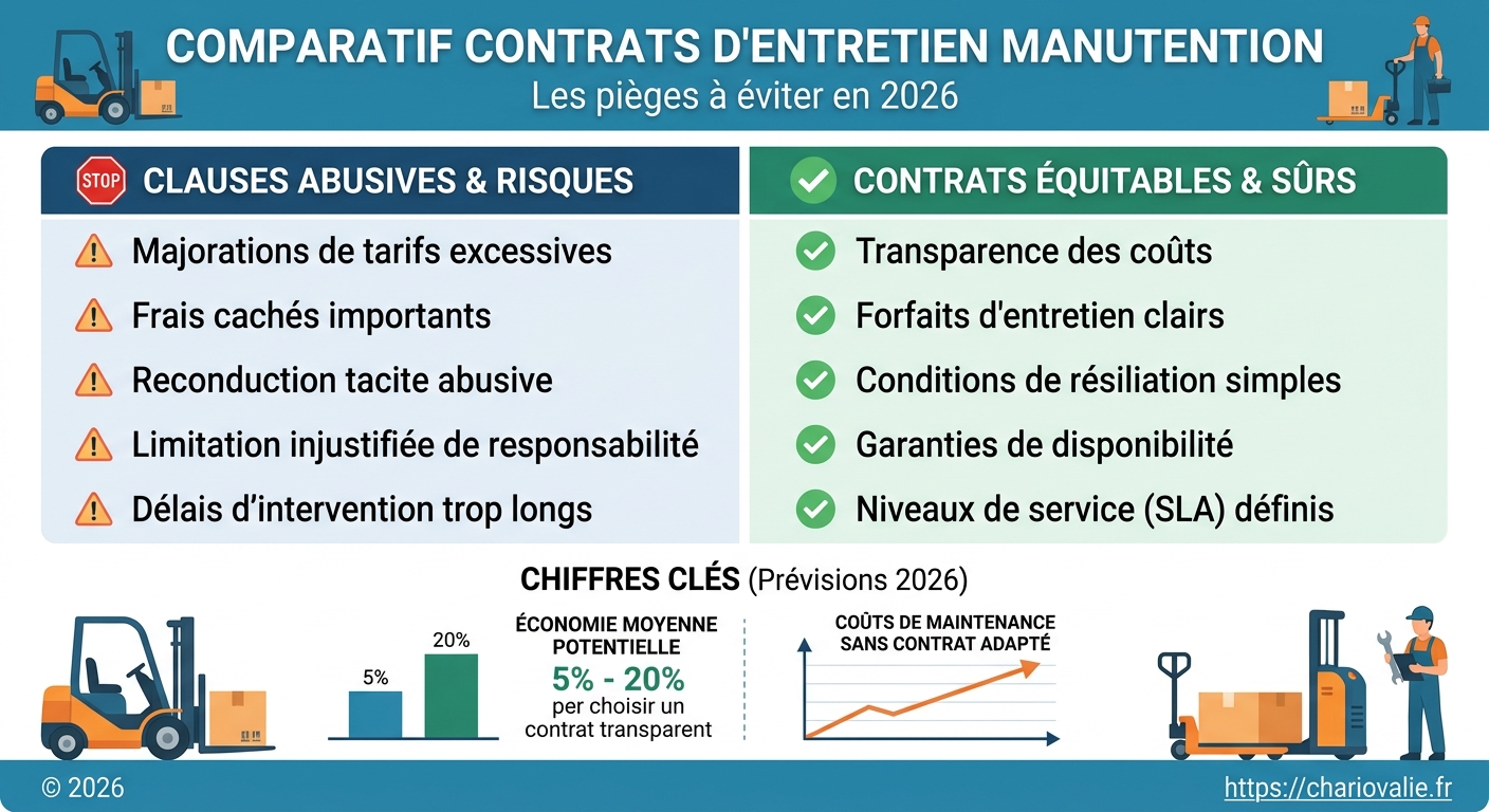 Contrat entretien manutention : comparatif & pièges à éviter 5 Graphique comparatif contrat entretien manutention coûts clauses abusives