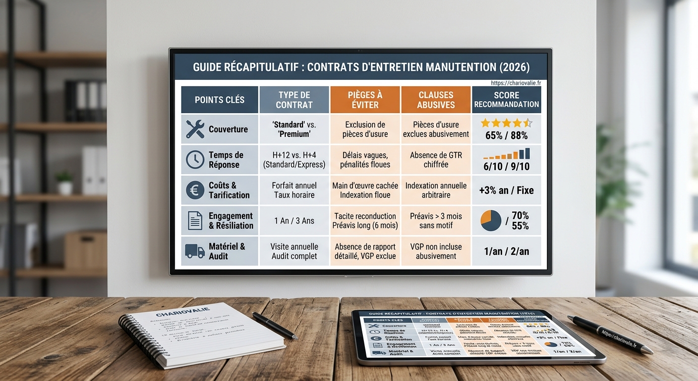 Contrat entretien manutention : comparatif & pièges à éviter 4 Tableau comparatif contrat entretien manutention 2026 clauses et SLA