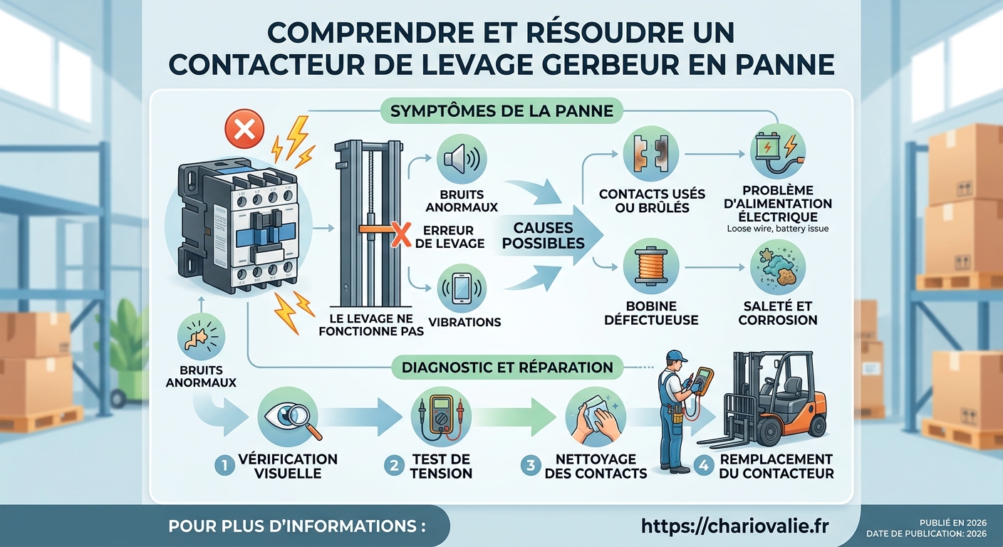 Contacteur levage gerbeur en panne : diagnostic et test 3 Infographie des 5 étapes de diagnostic d'un contacteur de levage gerbeur en panne