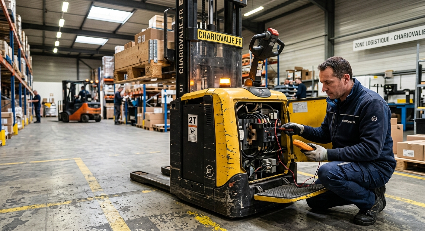 Contacteur levage gerbeur en panne : diagnostic et test 2 Contacteur de levage défectueux sur un gerbeur électrique en réparation