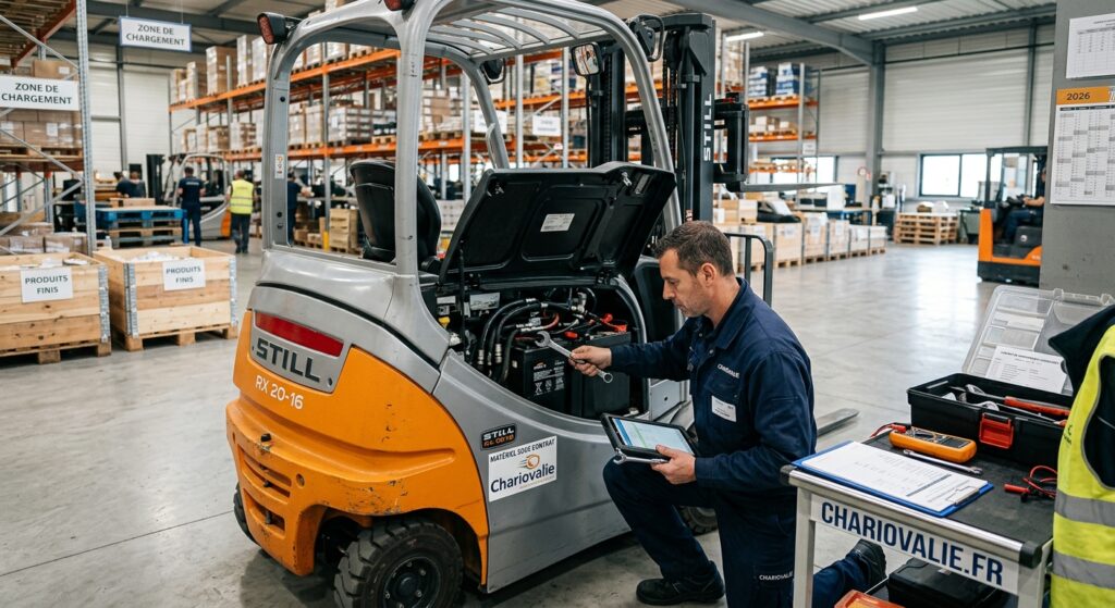 Technicien effectuant la révision préventive d'un chariot élévateur en entrepôt
