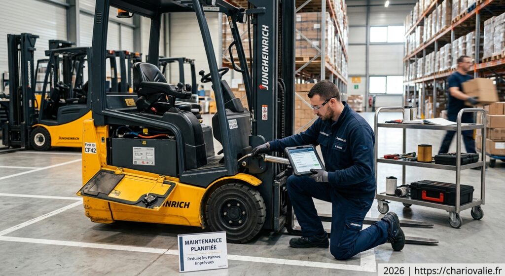 Technicien effectuant une maintenance préventive planifiée sur un chariot élévateur