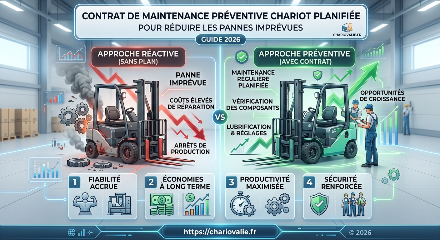 Schéma des 5 étapes clés d'un contrat de maintenance préventive pour réduire les pannes sur un chariot élévateur