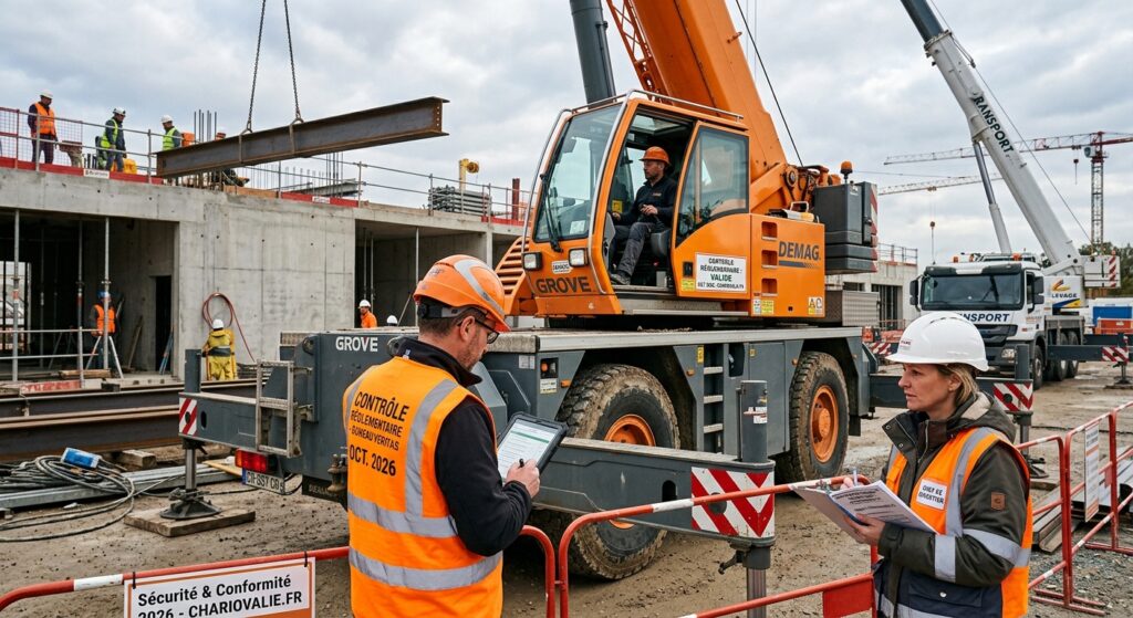 Contrôle grue camion : obligations et responsabilités 7 Technicien effectuant le contrôle réglementaire annuel d'une grue auxiliaire de camion