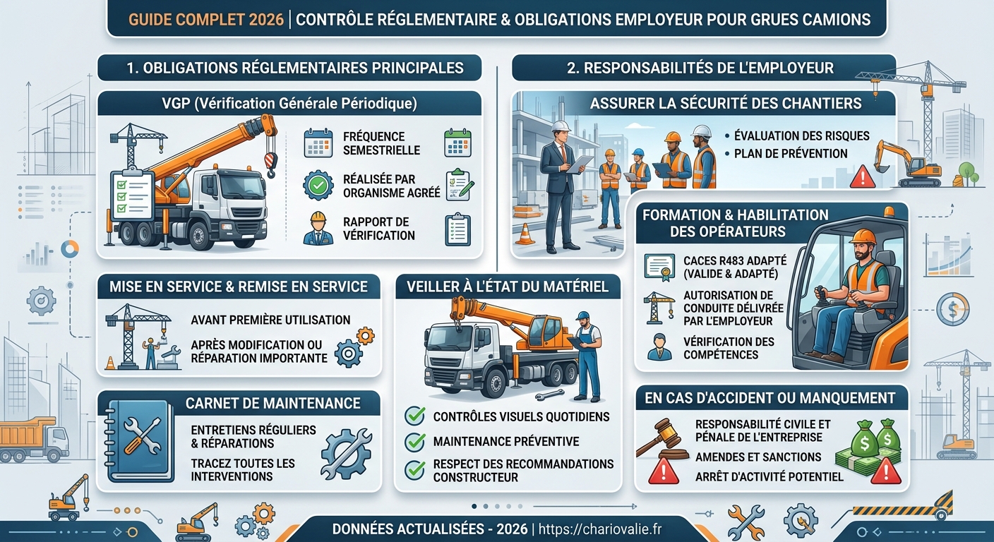 Schéma des obligations employeur pour le contrôle réglementaire grue camion en 2026