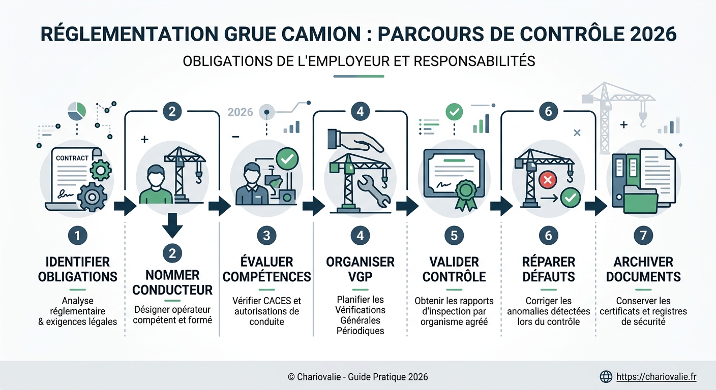 Schéma du processus de conformité réglementaire grue camion et responsabilité employeur