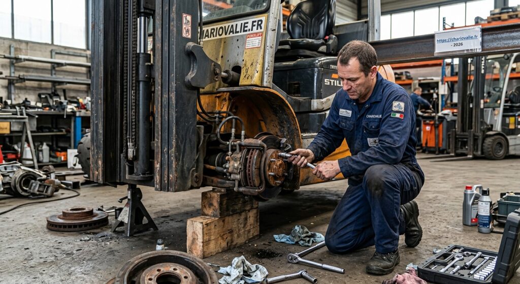 Coût réparation freins chariot élévateur : prix et guide 2 Technicien effectuant la réparation des freins sur un chariot élévateur industriel