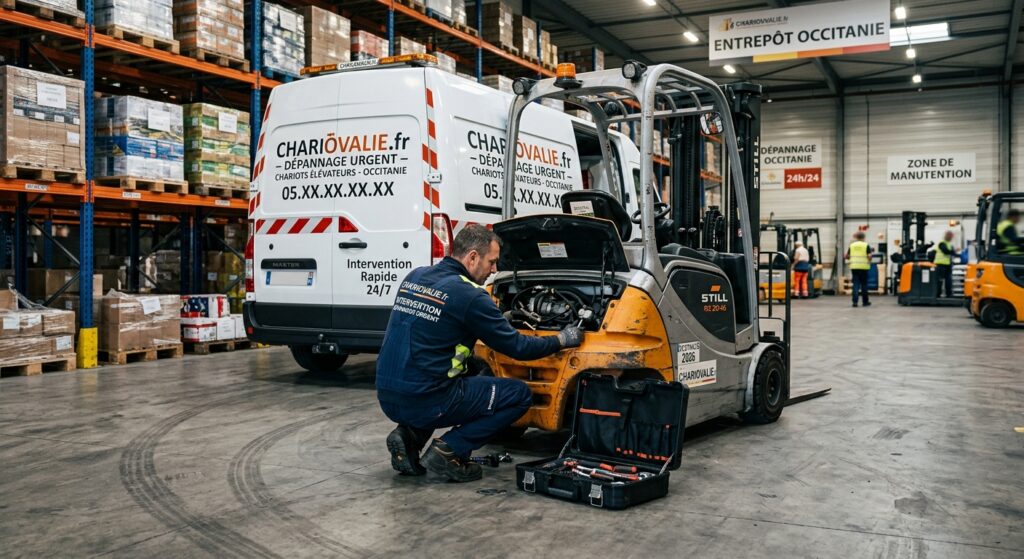 Technicien effectuant un dépannage rapide sur un chariot élévateur en atelier en Occitanie