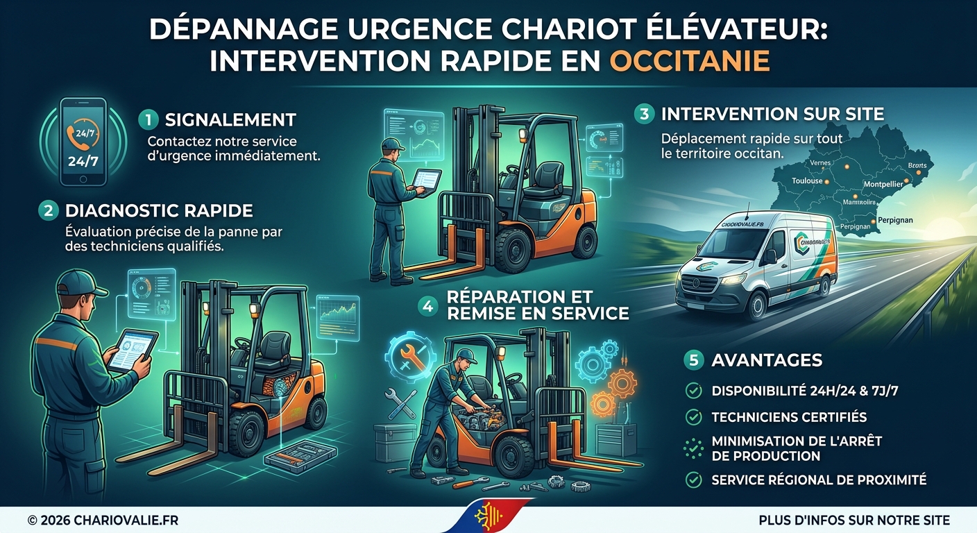 Infographie processus dépannage urgence chariot élévateur intervention rapide Occitanie