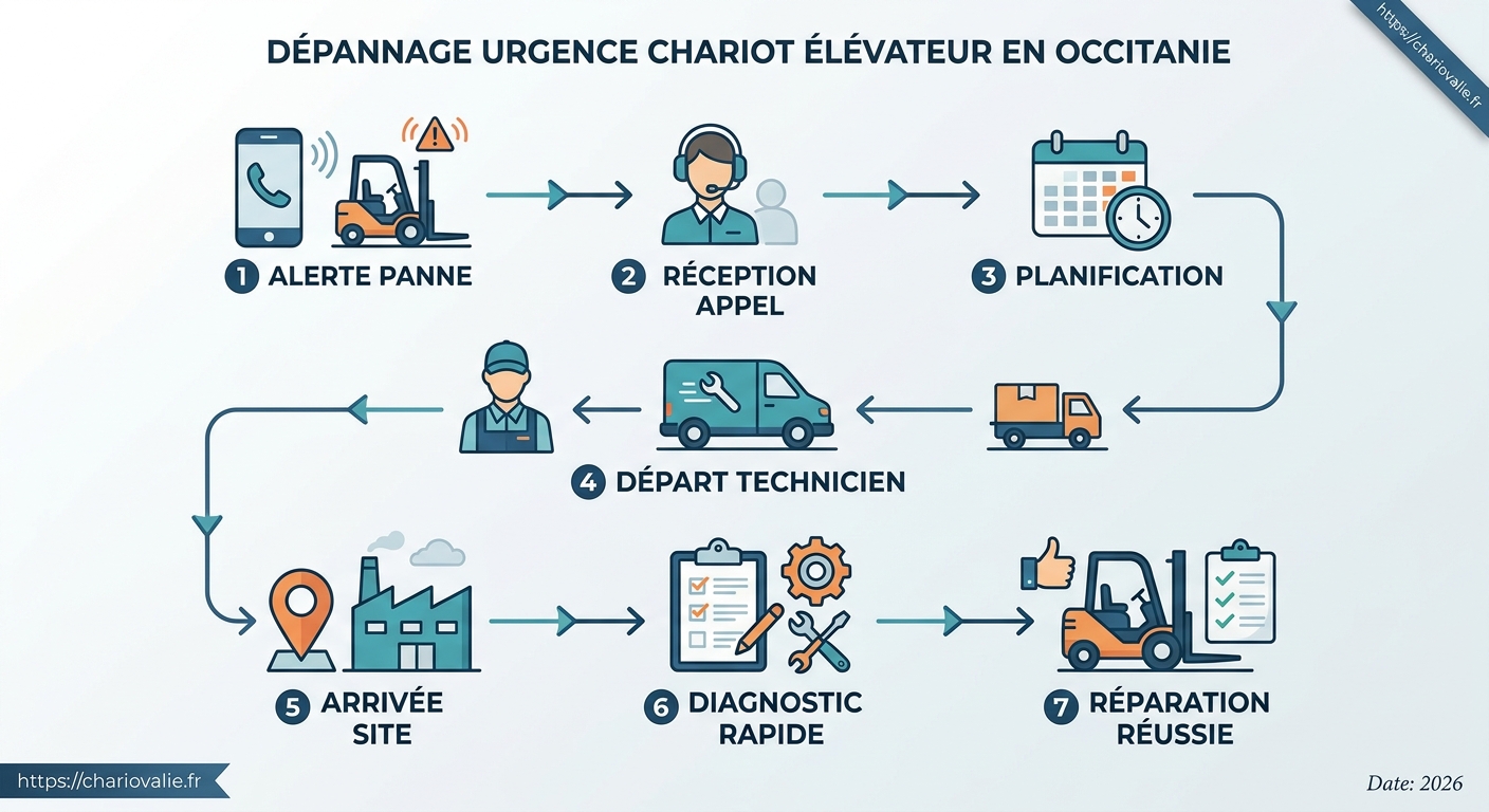Schéma intervention rapide chariot élévateur de l'appel d'urgence à la remise en service Occitanie