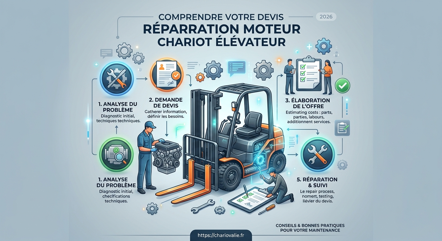 Devis réparation moteur chariot élévateur : le guide 3 Infographie du processus de demande de devis réparation moteur chariot élévateur en 2026