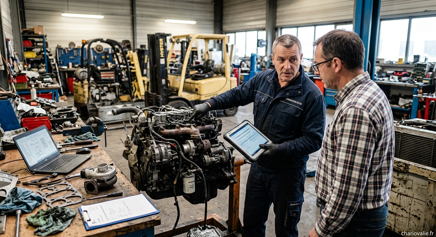 Devis réparation moteur chariot élévateur : le guide 2 Technicien réalisant le diagnostic moteur d'un chariot élévateur pour un devis réparation