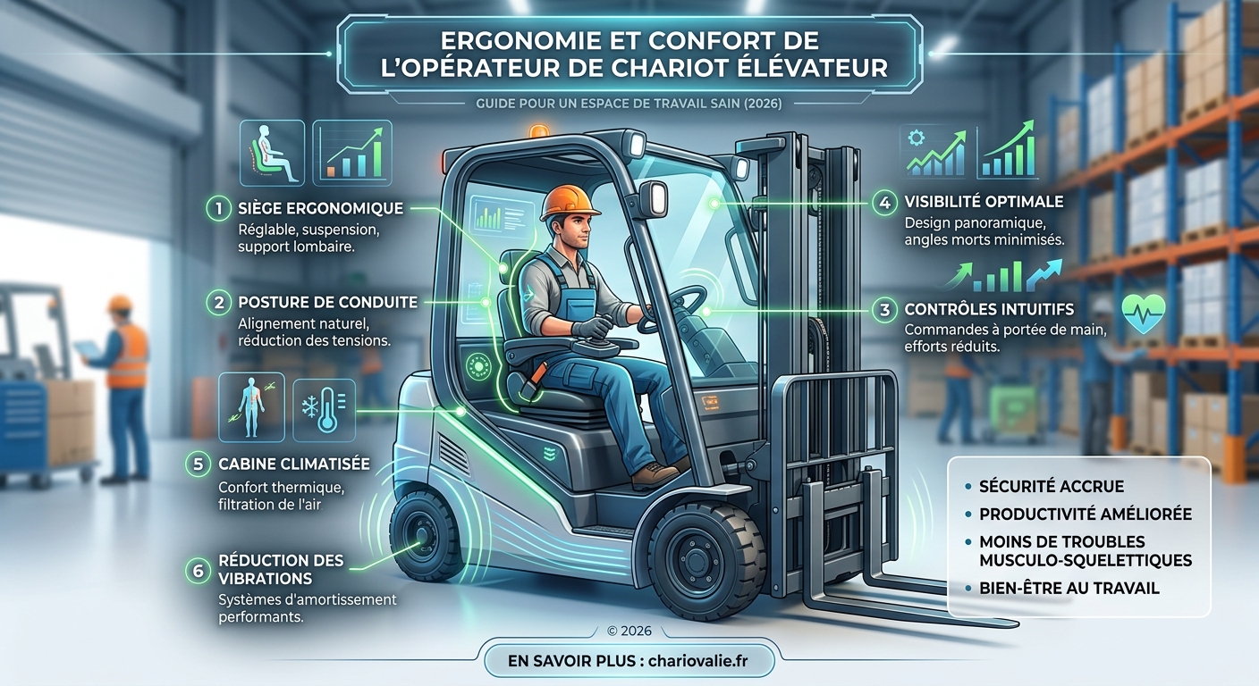 Ergonomie et confort de l'opérateur de chariot élévateur 4 Schéma des 5 axes d'ergonomie pour le confort de l'opérateur de chariot élévateur