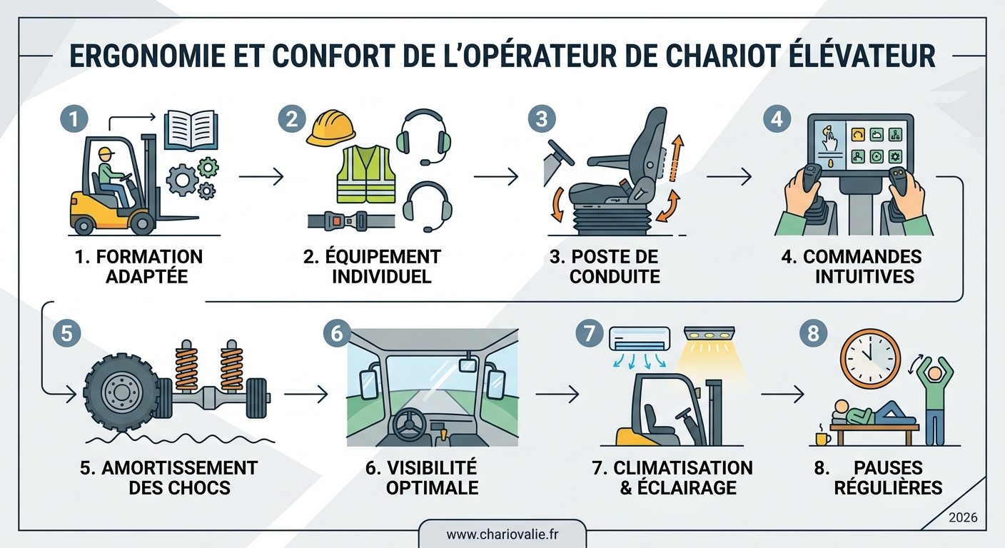 Ergonomie et confort de l'opérateur de chariot élévateur 6 Étapes d'optimisation ergonomique du poste de conduite d'un chariot élévateur