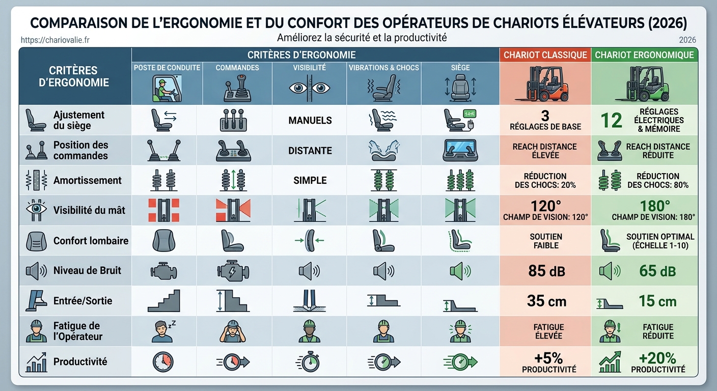 Ergonomie et confort de l'opérateur de chariot élévateur 5 Comparatif ergonomie des chariots élévateurs 2026 et indices de vibrations