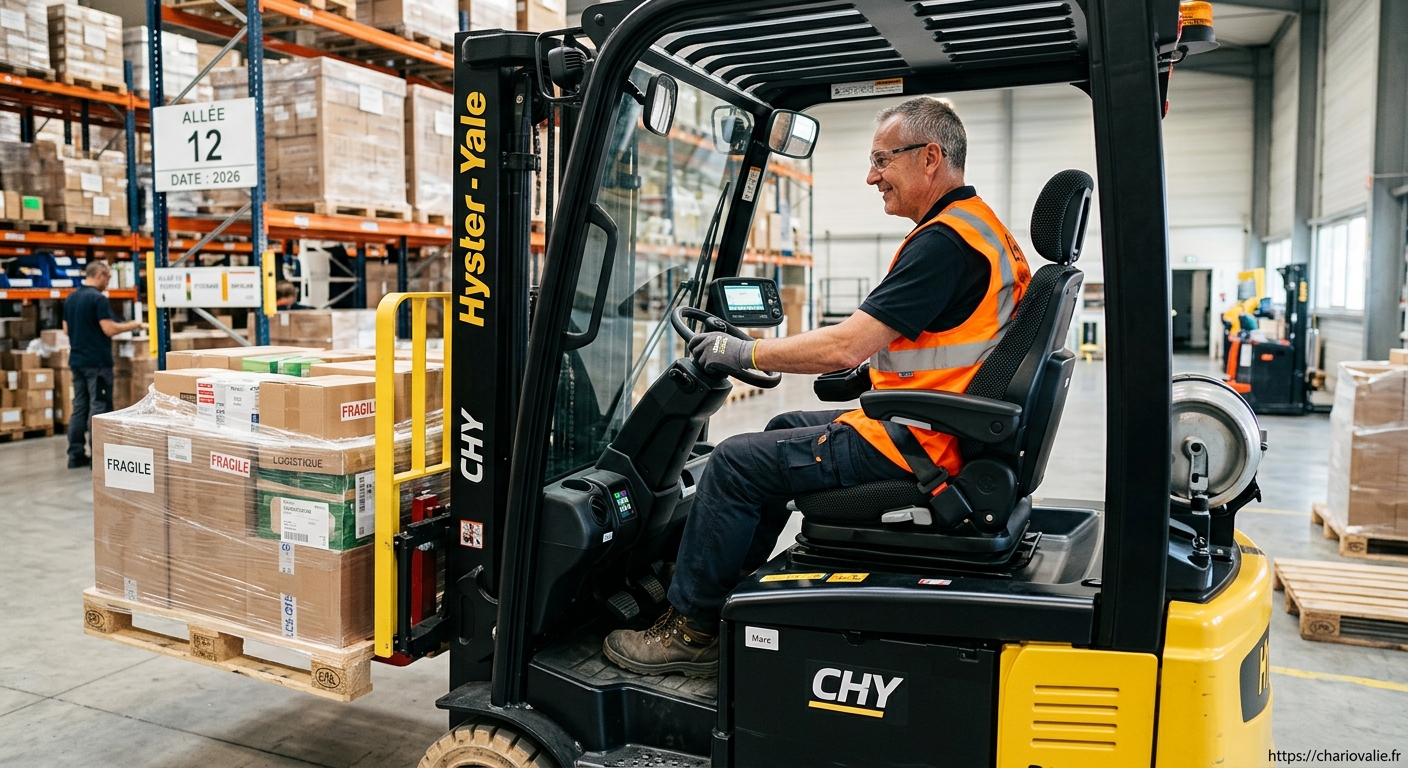 Ergonomie et confort de l'opérateur de chariot élévateur 2 Opérateur de chariot élévateur utilisant un siège ergonomique en cabine