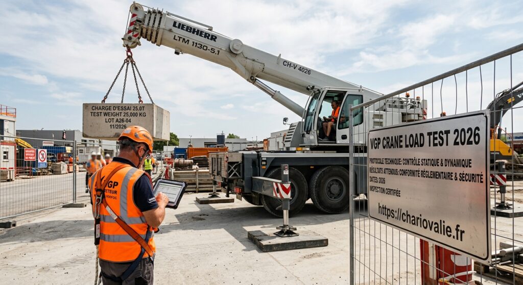 Technicien effectuant un essai de charge sur une grue lors d'une VGP