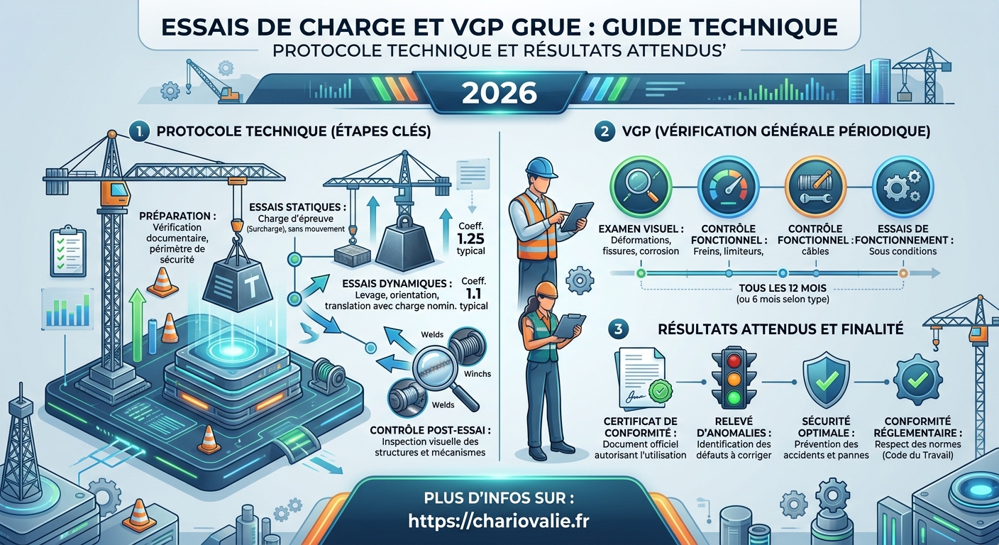 Essais de charge VGP grue : protocole et résultats attendus 3 Schéma étape par étape du protocole technique des essais de charge pour la VGP des grues