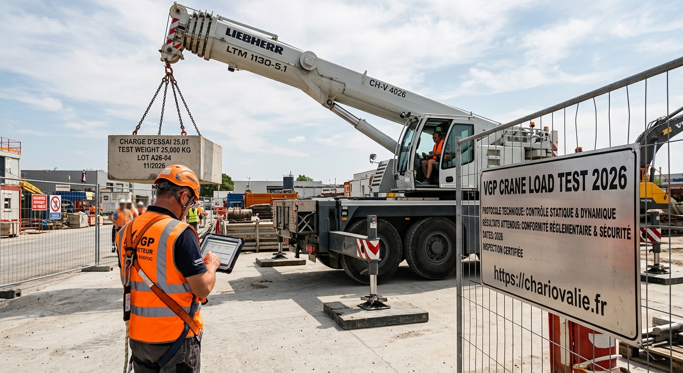 Essais de charge VGP grue : protocole et résultats attendus 2 Technicien effectuant un essai de charge sur une grue lors d'une VGP