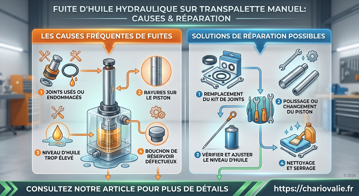 Schéma technique du diagnostic et de la réparation d'une fuite d'huile transpalette manuel
