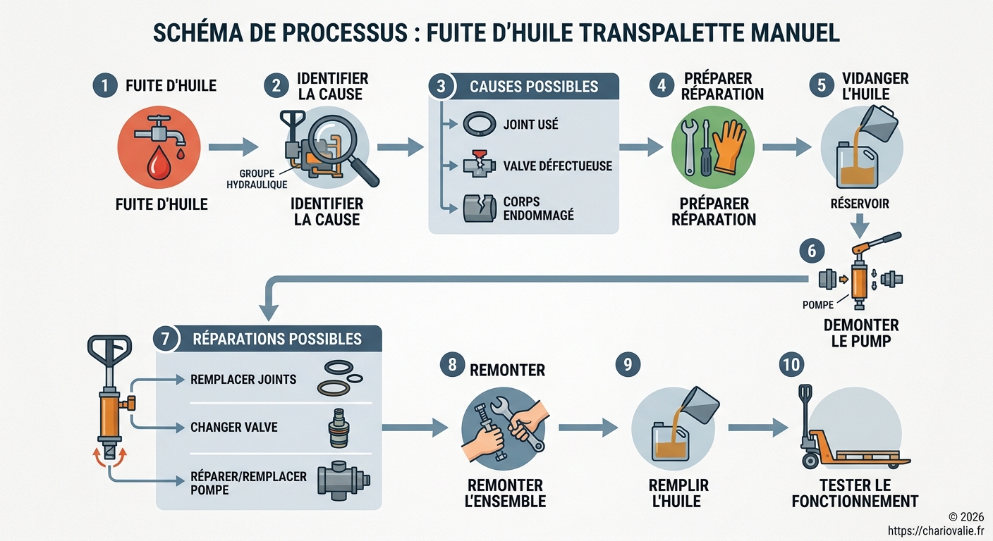 Schéma de processus de diagnostic, vidange, remplacement des joints et purge transpalette manuel
