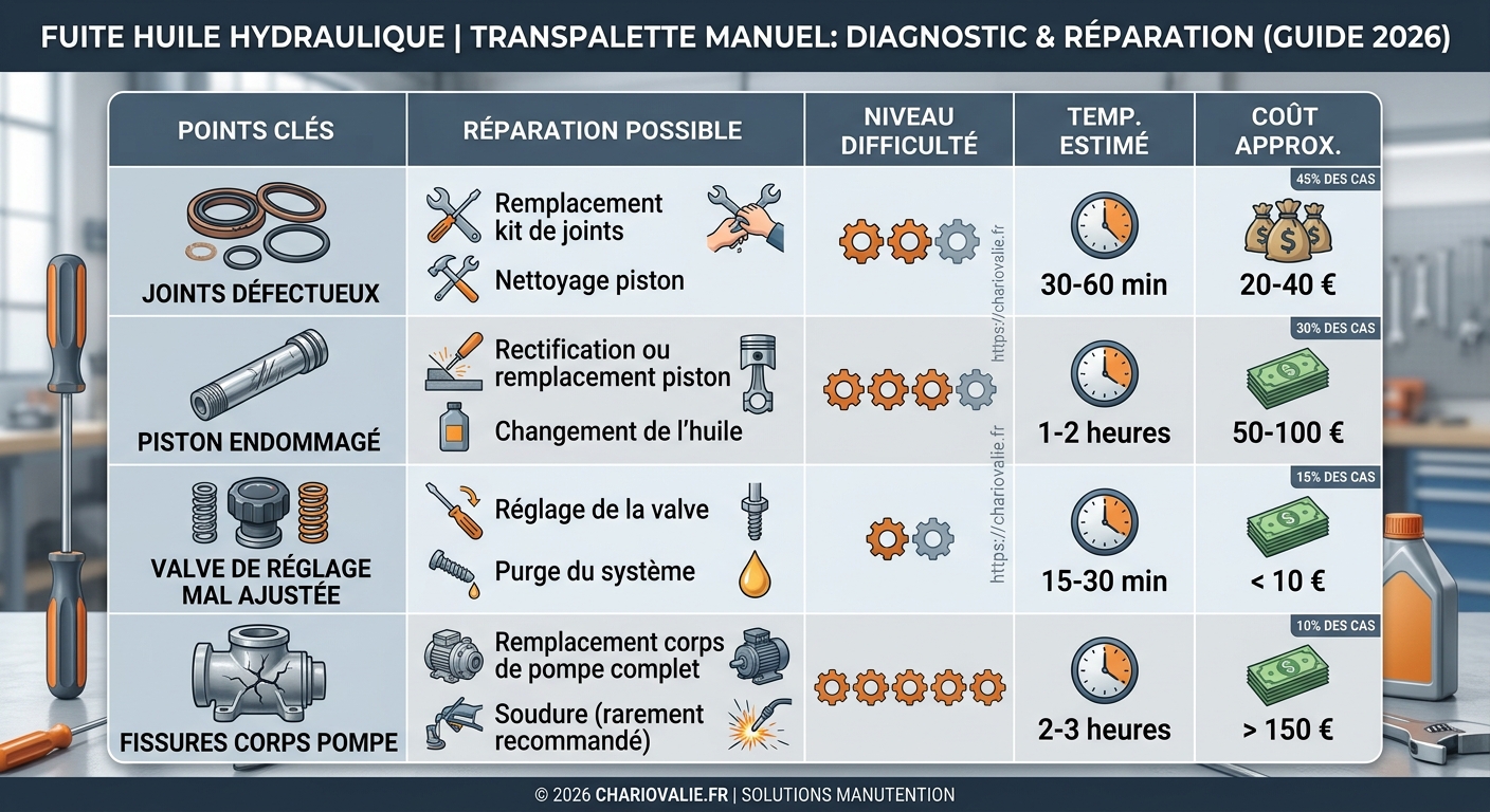 Tableau des causes fréquentes de fuites d'huile sur transpalette manuel et solutions