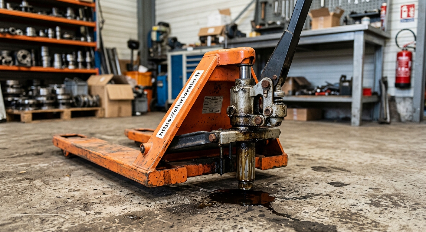 Maintenance et réparation d'une fuite d'huile hydraulique sur un transpalette manuel