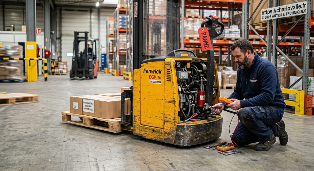 Gerbeur électrique qui ne lève plus : pannes et solutions 3 Opérateur vérifiant le système hydraulique d'un gerbeur électrique en panne