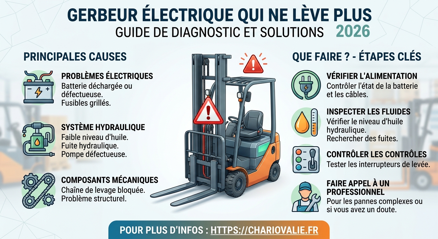 Infographie des 5 étapes de dépannage d'un gerbeur électrique qui ne lève plus