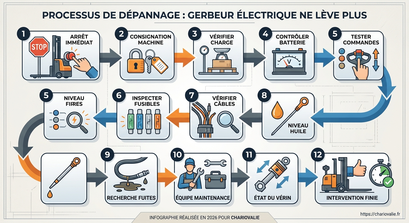 Schéma du processus de diagnostic d'un gerbeur électrique qui ne lève plus