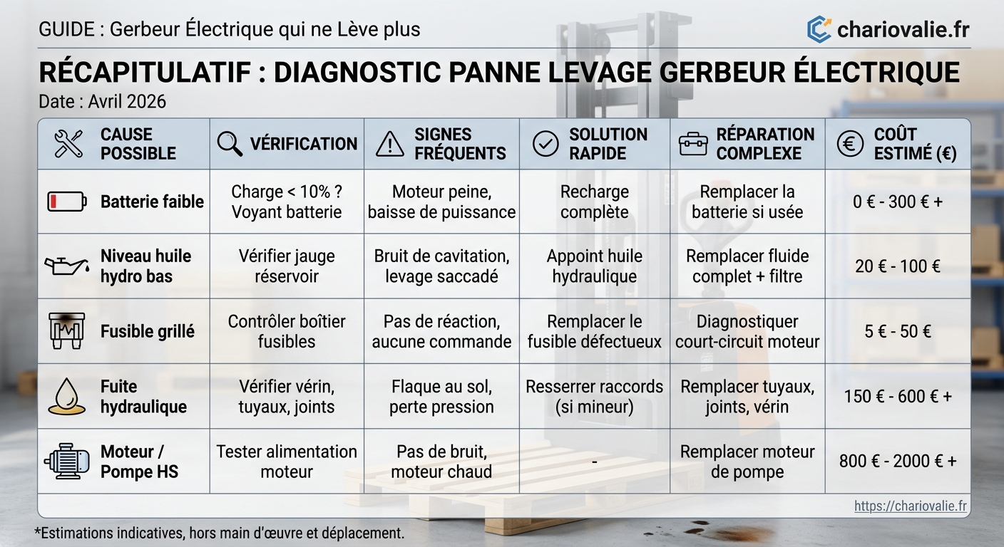 Tableau des causes et solutions pour un gerbeur électrique en panne