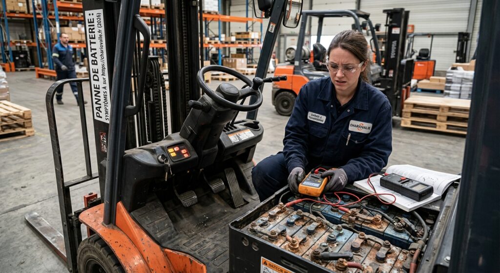 Technicien vérifiant une batterie de chariot élévateur en panne