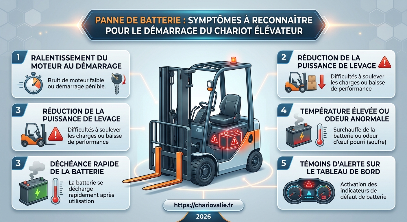 Panne batterie chariot élévateur : les symptômes 3 Schéma diagnostique des symptômes de panne de batterie sur un chariot élévateur