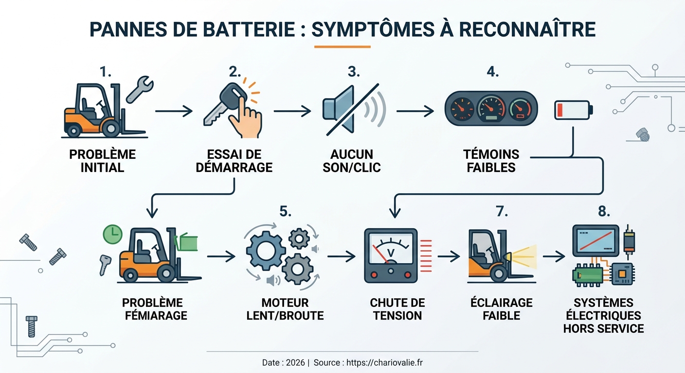 Panne batterie chariot élévateur : les symptômes 5 Schéma de processus diagnostic batterie chariot élévateur en panne