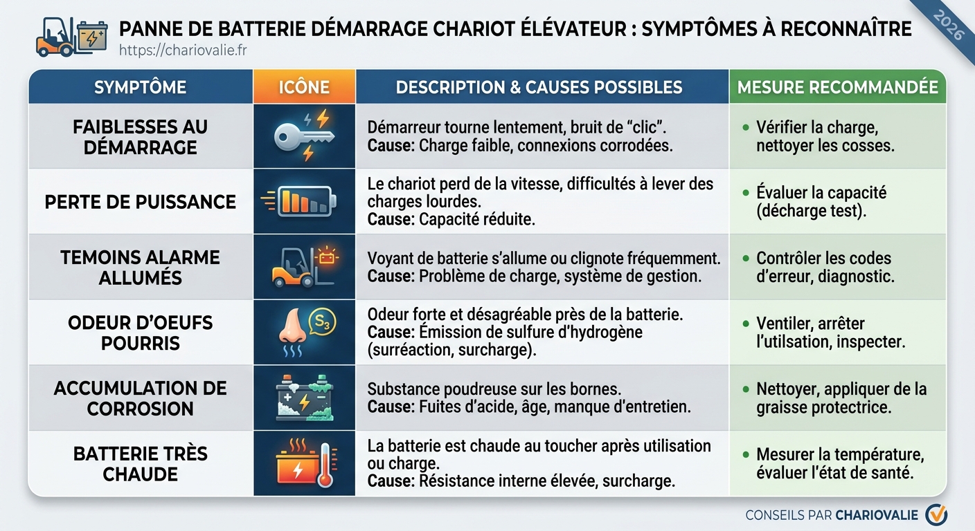 Panne batterie chariot élévateur : les symptômes 4 Tableau des symptômes de panne batterie chariot élévateur selon tension et intensité