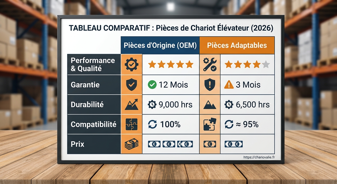 Pièces d'origine ou adaptables pour chariot élévateur ? 6 Tableau comparatif pièces d'origine OEM et adaptables pour chariot élévateur