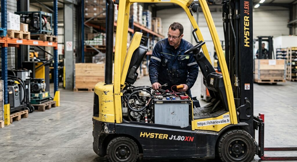 Mécanicien inspectant le moteur d'un chariot élévateur en panne