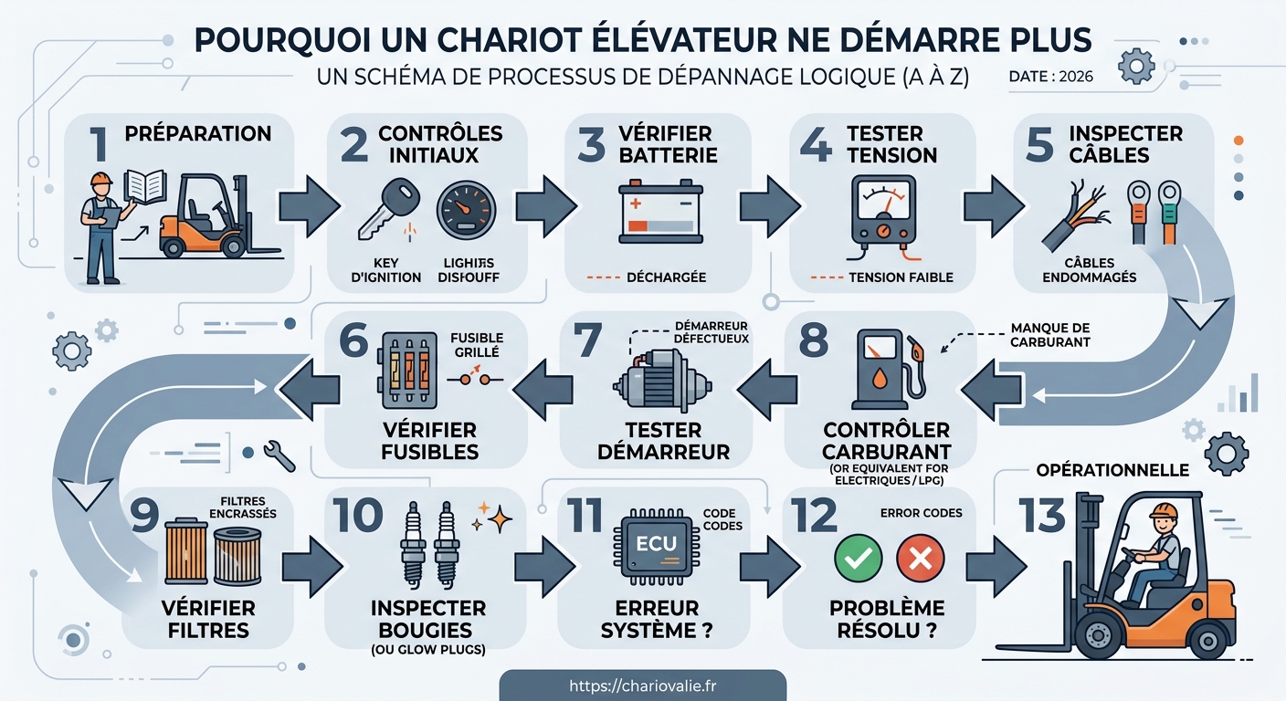 Pourquoi un chariot élévateur ne démarre plus ? Diagnostic 5 Schéma du diagnostic étape par étape d'un chariot élévateur en panne de démarrage