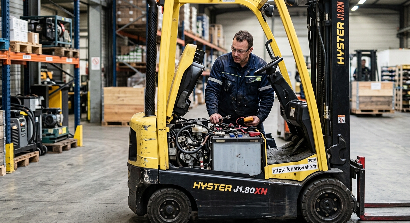 Pourquoi un chariot élévateur ne démarre plus ? Diagnostic 2 Mécanicien inspectant un chariot élévateur en panne au démarrage
