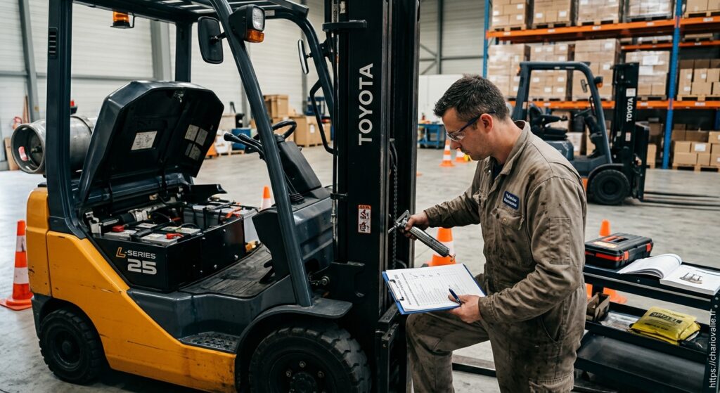 Préparer un chariot élévateur avant une VGP : guide 2026 10 Technicien effectuant les vérifications de sécurité sur un chariot élévateur avant la VGP