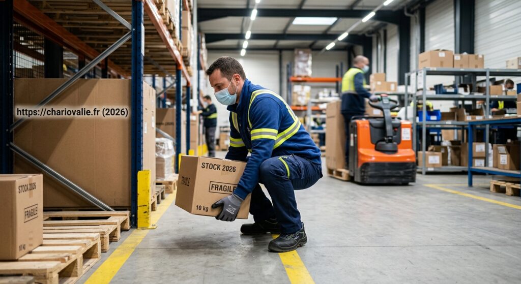 Opérateur portant des équipements de protection lors d'une manutention sécurisée en entrepôt