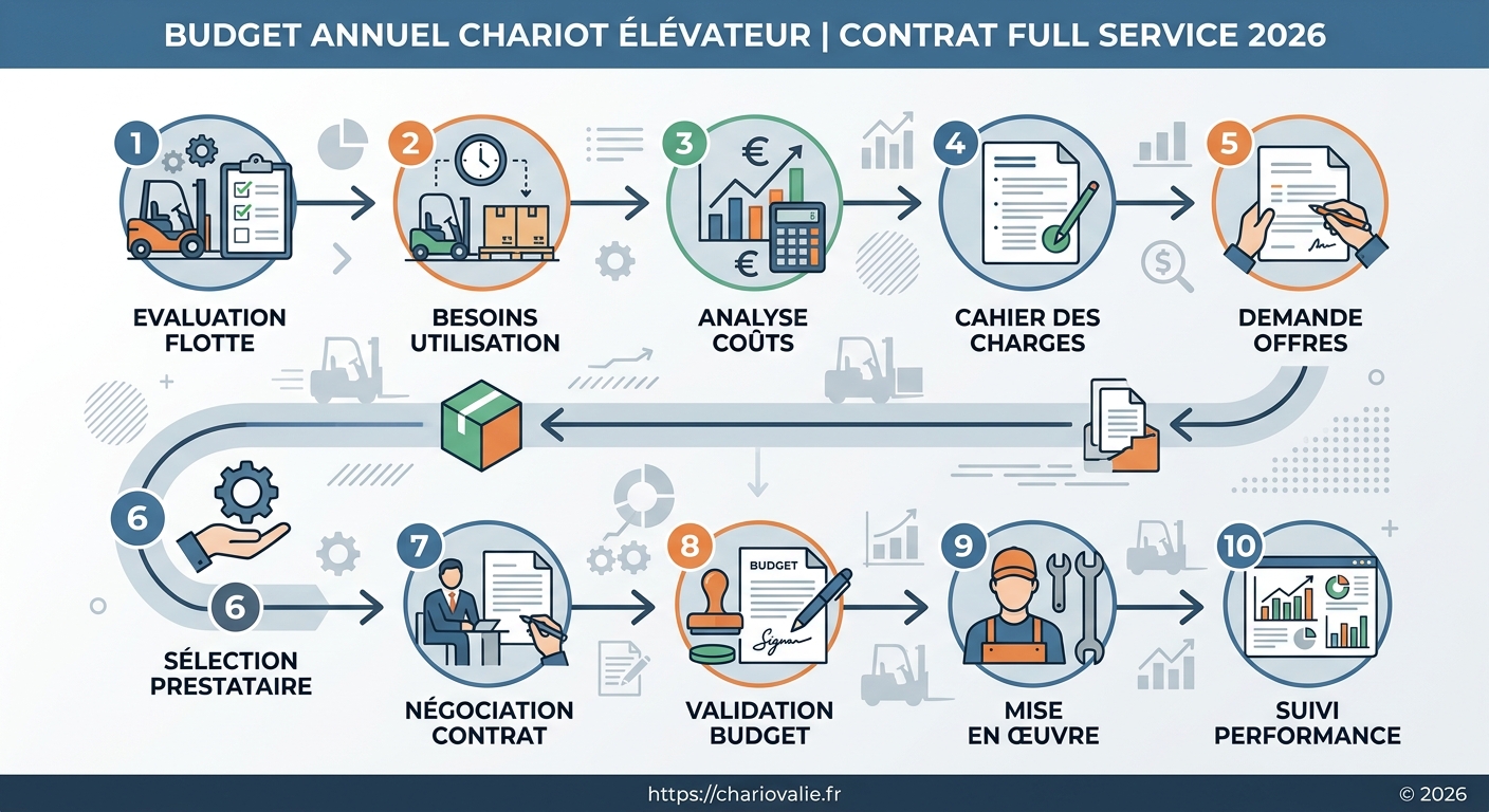 Schéma processus audit de parc à validation budget contrat full service chariot élévateur